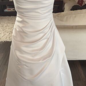 David's Bridal White Satin Ruched Wedding Dress